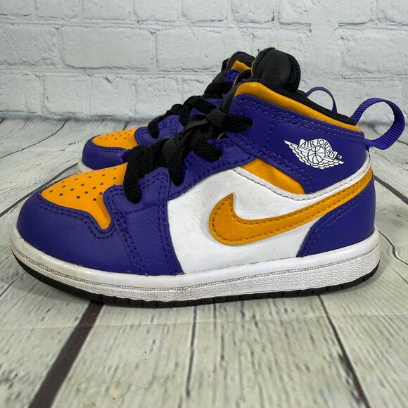 Nike Air Jordan 1 Mid Kids Size 8C Sneakers Blue Yellow Basketball School Shoes - Picture 2 of 11
